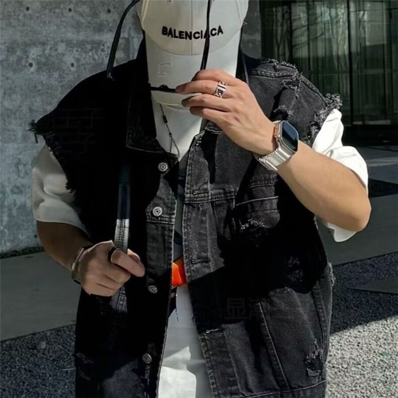 痞帅破洞毛边设计感牛仔马甲外套男坎肩百搭上衣高街情侣背心夹克图片