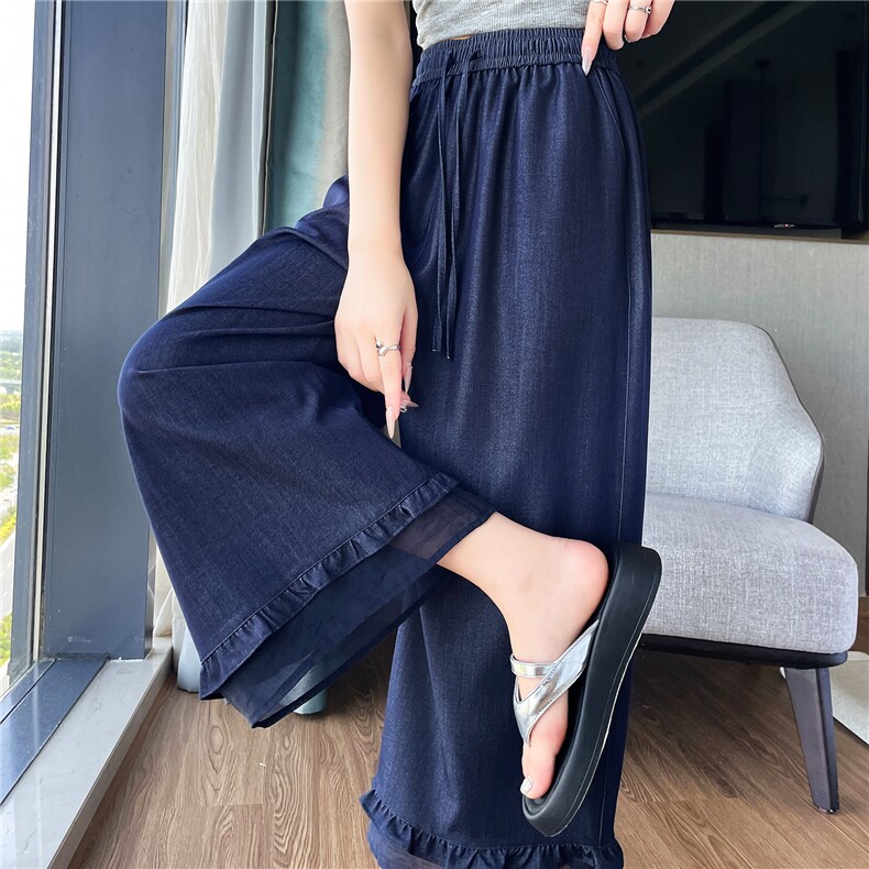 天丝牛仔裤女夏季薄款新款高腰垂感小个子花苞蕾丝阔腿裤女图片