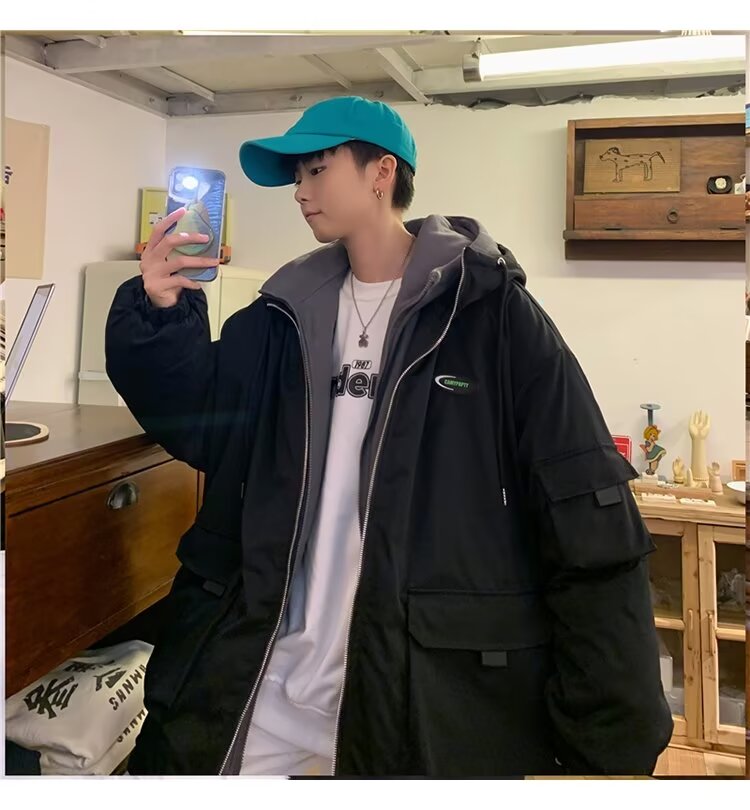 假两件棉衣男港风宽松百搭工装棉袄外套冬季潮牌加厚连帽棉服,男装棉衣,星座1013