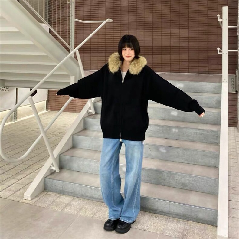 美式复古连帽开衫毛衣男女冬季毛领百搭休闲针织衫慵懒风情侣外套,男装针织衫/毛衣,星座506A