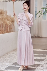 2025新款春秋装复古中国风绣花连衣裙女装礼服气质新中式套装裙，女装套装/套裙，芷墨服饰
