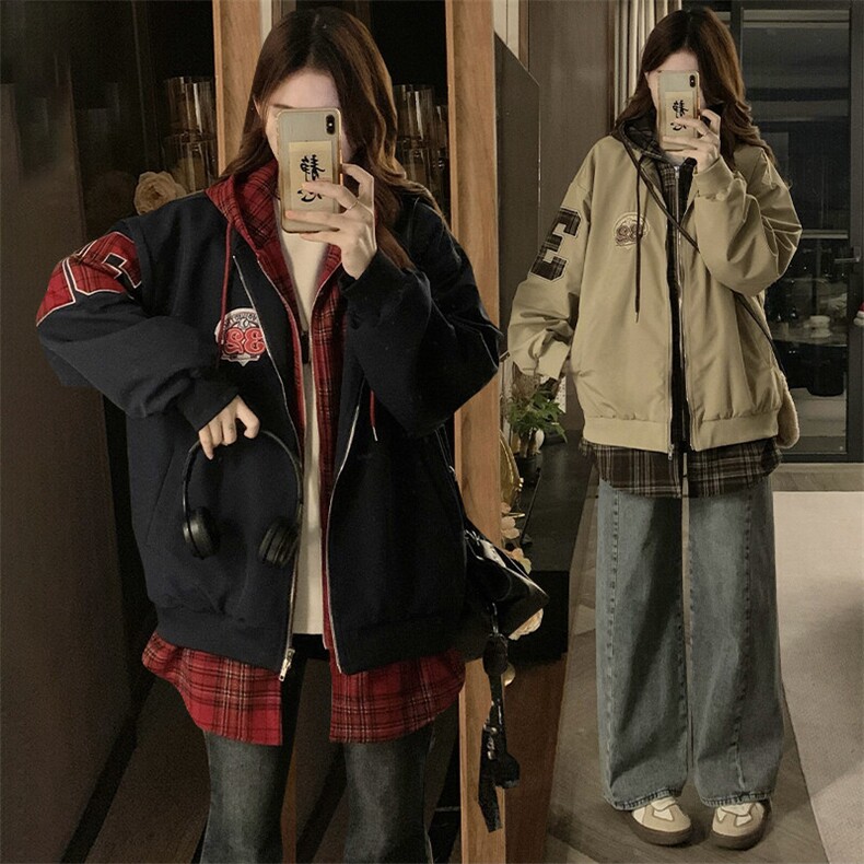 C947-P100 复古假两件连帽潮牌假两件外套女2025春秋新款情侣夹克图片