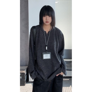 V领潮流美式复古长袖设计感打底衫T恤男秋季宽松百搭 特P38图片