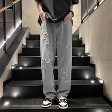 现货秋季美式十字架复古牛仔裤男高街ins潮流直筒长裤K6085-P40，男装牛仔裤，星座512-3