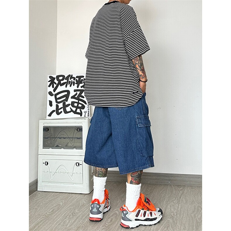 美式复古七分工装牛仔短裤日系cityboy廓形大码oversize,男装牛仔裤,星座310A-4