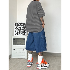 美式复古七分工装牛仔短裤日系cityboy廓形大码oversize，男装牛仔裤，星座310A-4