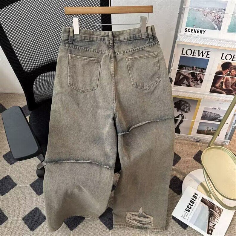 美式复古做旧破洞牛仔裤男女假两件痞帅高级感阔腿长裤潮,男装牛仔裤,星座601-1