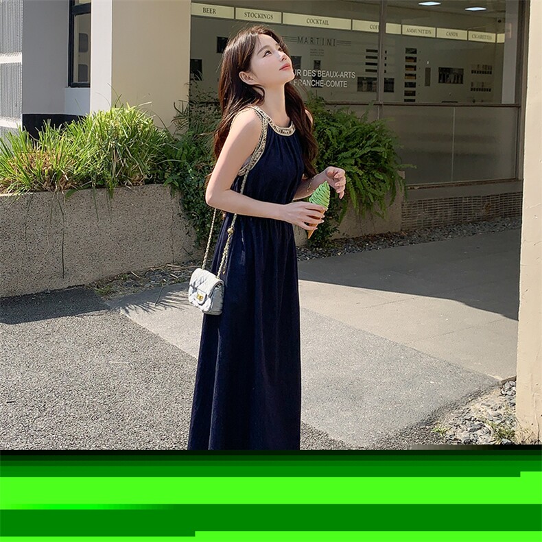 长裙挂脖夏季藏青色背心连衣裙夏季小黑裙复古显瘦连衣裙裙子长裙,女装连衣裙,2C029