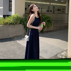 长裙挂脖夏季藏青色背心连衣裙夏季小黑裙复古显瘦连衣裙裙子长裙，女装连衣裙，2C029