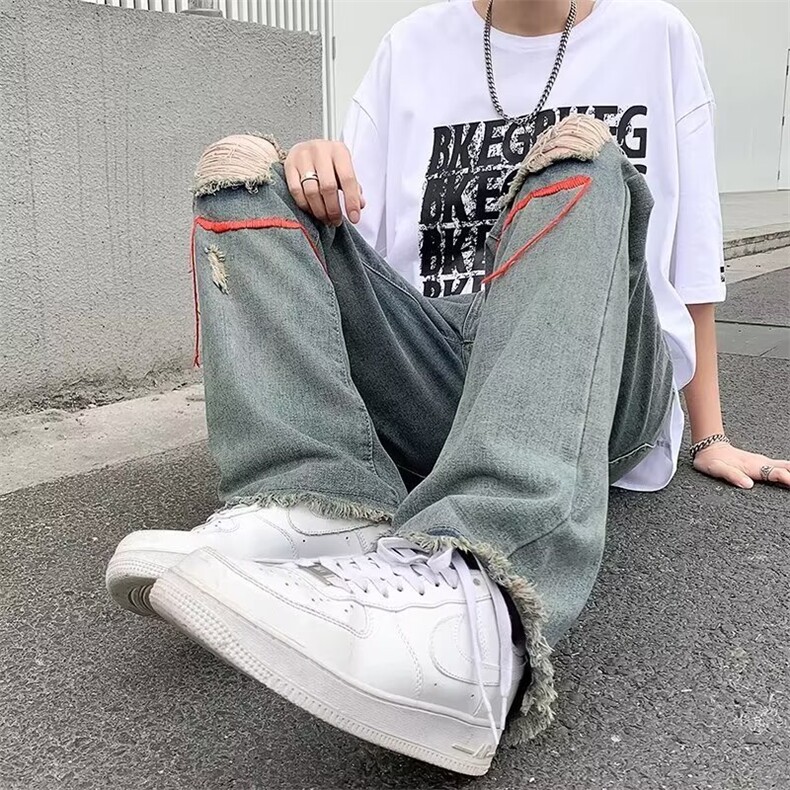 美式高街破洞牛仔裤直筒毛边宽松乞丐裤子男夏季N1005,男装牛仔裤,星座1116A-1（原606A）