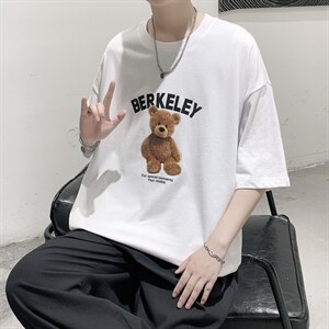 韩系简约小熊印花短袖T恤港风大码宽松男潮517A-1-T915-P28控38图片