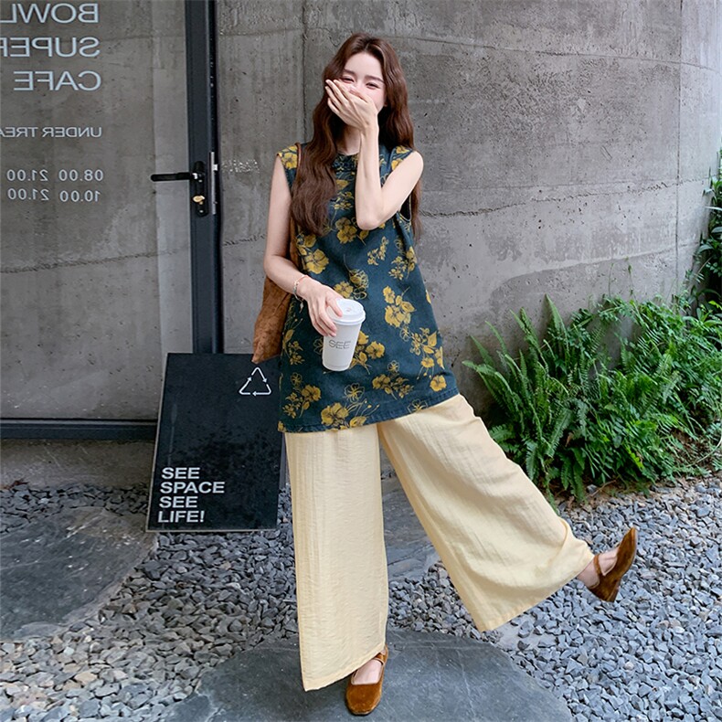 碎花牛仔新中式国风衬衫阔腿裤套装女夏巨好看流行两件套大方得体,女装套装/套裙,浙宝301