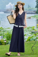 现货2026夏季时尚潮流天丝亚麻老钱风马甲三件套加阔腿裤套装，女装套装/套裙，尚洛菲