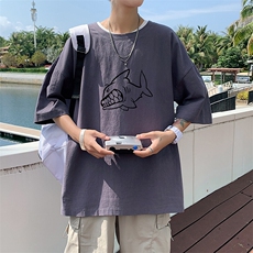 YT26041-P30亚麻短袖t恤男大码五分袖男宽松七分袖港风模特，男装T恤，电商A040