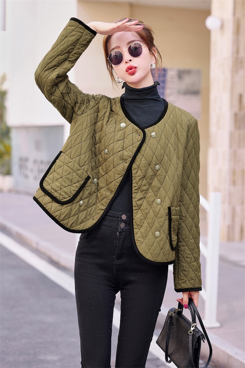 现货-韩系双排扣圆领小香风棉服外套2024冬季新款宽松百搭气质,女装棉衣/棉服,霓裳依族