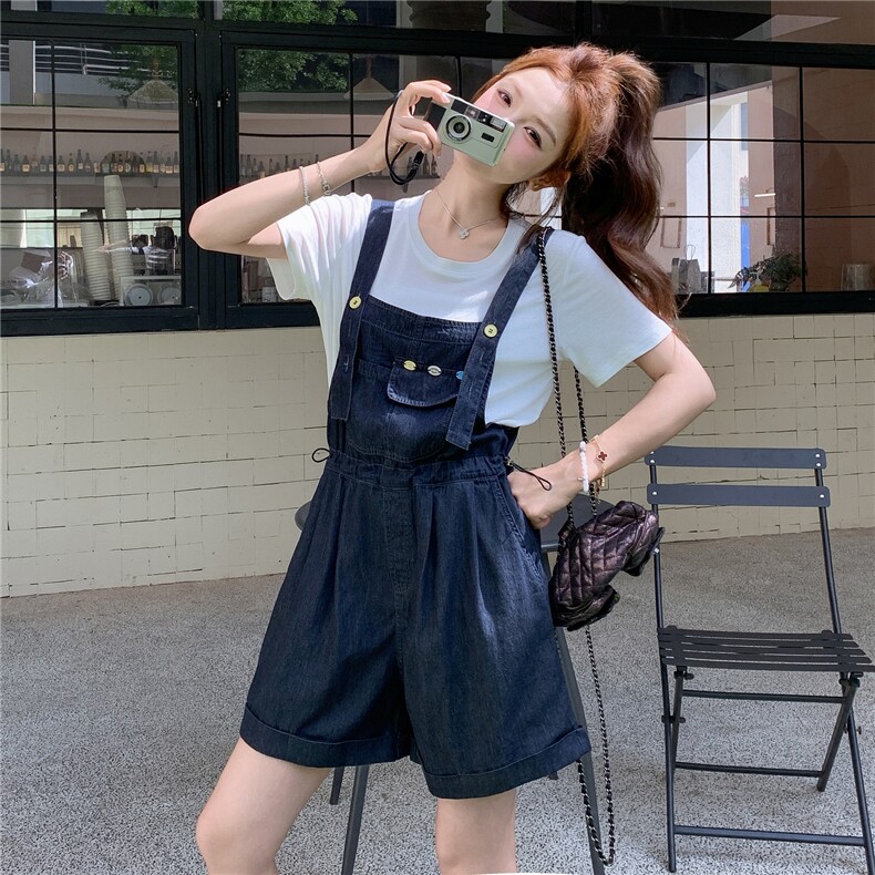 牛仔背带裤T恤两件套女夏2025新款宽松气质复古减龄洋气连体短裤,女装套装/套裙,2C236