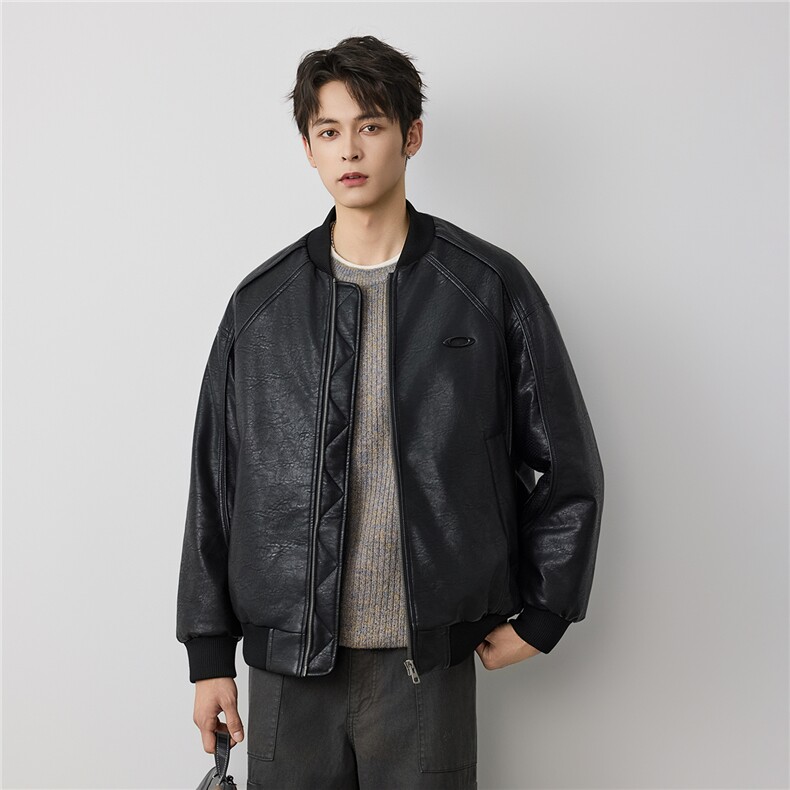2025美式嘻哈PU皮机车服外套男潮牌宽松防风飞行员棒球服夹克图片