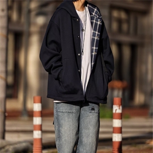春秋季新款日系复古纯色格纹开衫男女休闲宽松连帽卫衣外套气质图片