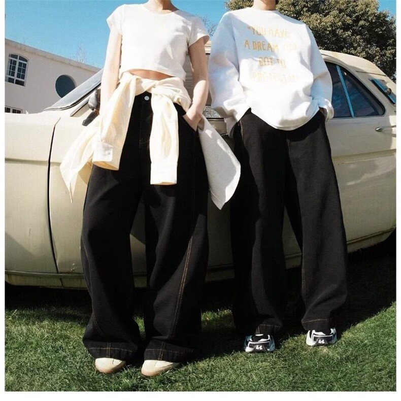 美式复古水洗弯刀牛仔裤男女高级感炸街百搭直筒宽松阔腿休闲长裤，女装牛仔裤，星座506A