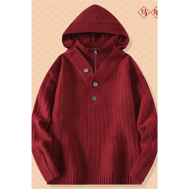 250930-P65假两件连帽毛衣男款冬季本命年针织衫搭红色打底衫,男装T恤,电商D310B