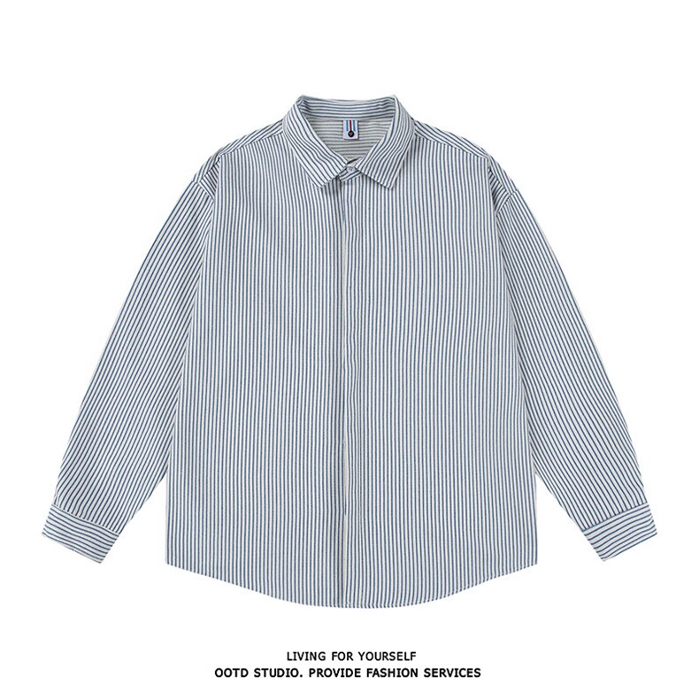 得物白底牛仔条纹衬衫长袖衬衣潮流宽松休闲外套CS017-P30,男装衬衫,星座301C-5