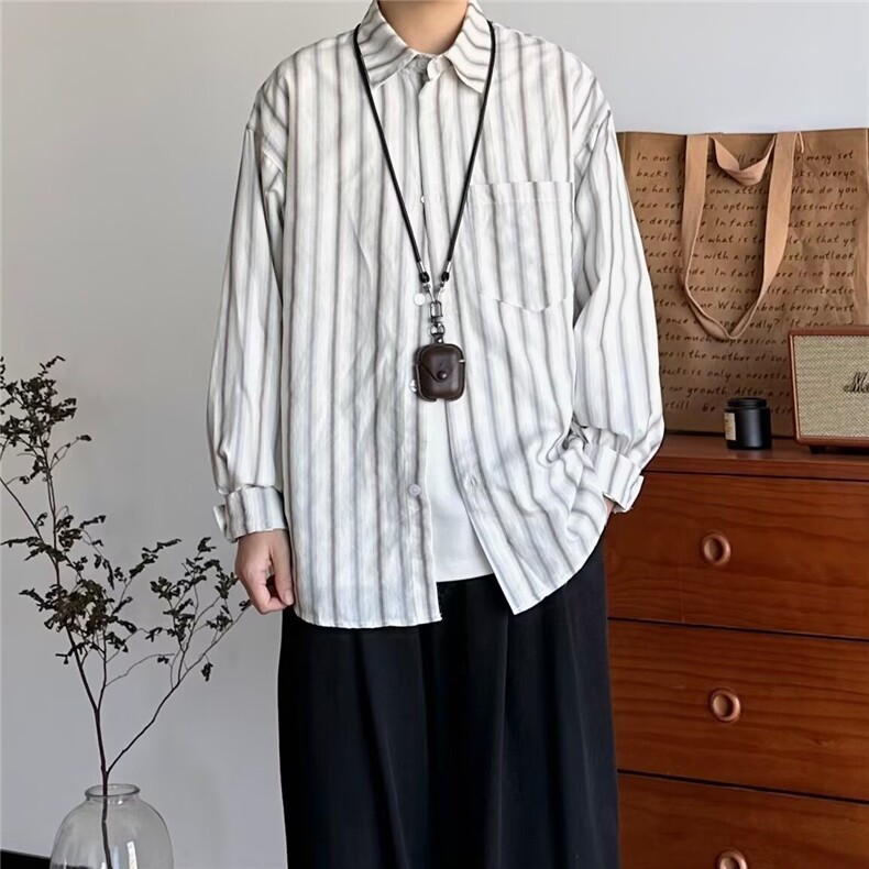 日系男美式简约复古竖条纹撞色宽松长袖衬衫男女春衬衣外套网图,男装衬衫,星座302B