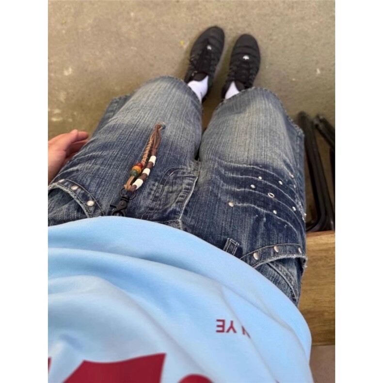 美式复古竹节纹阔腿牛仔短裤女夏季铆钉高街设计感宽松显瘦七分裤,男装牛仔裤,星座506A
