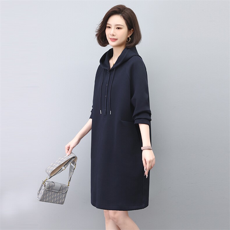 2023春季中长款连帽百搭舒适高雅卫衣裙,女装连衣裙,独衣靓