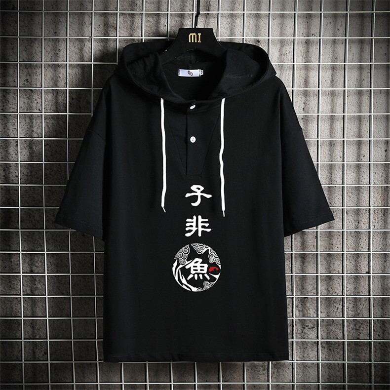 LD54070-P45 连帽短袖t恤男大码胖子带帽五分袖中袖 网格挂拍图片