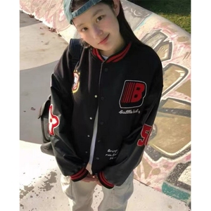 印花春秋徽章拼接皮袖男女情侣撞色棒球服外套潮宽松夹克 J835图片