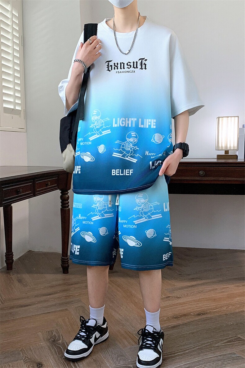 港风套装男休闲宽松冰丝青年圆领短袖T恤短裤两件套-JZ6212-P38,男装牛仔裤,星座310B-3