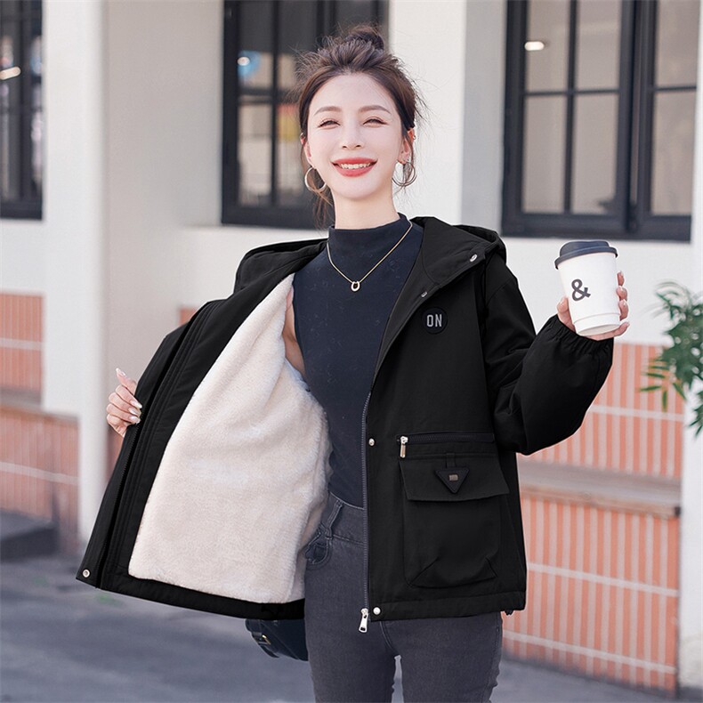 加绒时尚派克服女2023冬季新款宽松休闲百搭加厚保暖连帽工装外套,女装棉衣/棉服,以桐