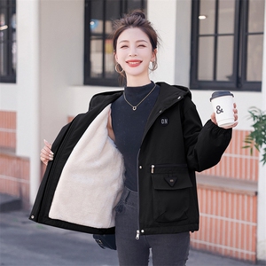 加绒时尚派克服女2023冬季新款宽松休闲百搭加厚保暖连帽工装外套图片