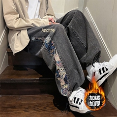 美式街头小熊拼接牛仔裤男冬季加绒加厚设计感阔腿裤XK66133J-P60，男装牛仔裤，电商A042