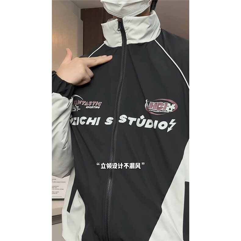 抖音视频截图！美式复古撞色印花立领机车潮牌棉服77950特P85图片