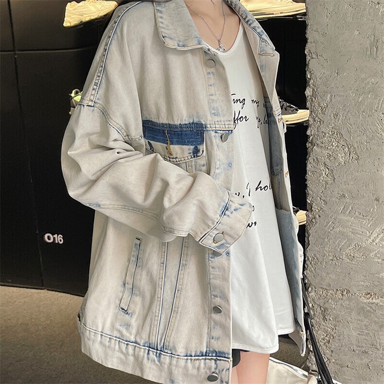 潮牌水洗米杏色牛仔外套女宽松翻领情侣夹克休闲春秋款NZ027-85,男装工装外套,星座911-3