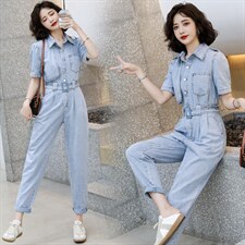 2021夏装新款时尚个性气质翻领修身显瘦牛仔连体裤，女装连体裤，奋斗女王