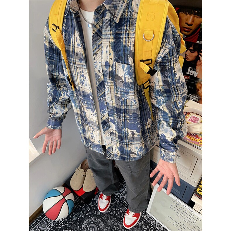 蓝色绿色扎染衬衫男春秋长袖美式复古衬衣外套CS3039NN特P38,男装衬衫,星座1007（原301D）