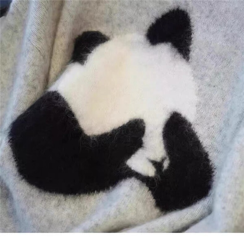 女士秋冬纯毛熊猫提花圆领简约休闲宽松毛衣,针织衫/毛衣,百纯羊绒