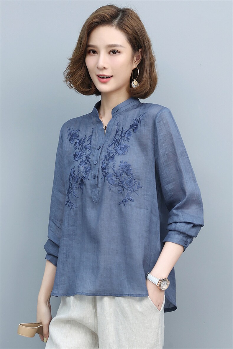 棉麻女2023春秋新款大码时尚中年妈妈苎麻上衣亚麻裤子,女装衬衫,丽影随形