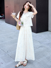 法式小香风刺绣蕾丝套装女2025夏季新款时尚亮片拼接阔腿裤两件套，女装套装/套裙，冬木谷雨