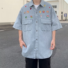 日系复古做旧水洗牛仔衬衫男女夏季新款古着情侣上衣短袖ins，男装衬衫，星座716-4