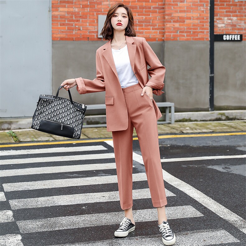2021春秋款纯色西装两件套翻袖修身显瘦个性气质两件套,女装套装/套裙,瑶迪依秀