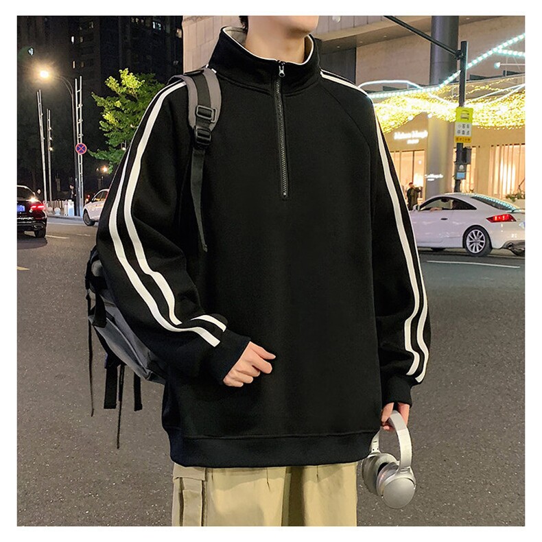 秋季380克全棉宽松条纹拉链套头卫衣立领POLO衫外套AH914-P42,男装Polo衫,四季星座610B