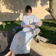 法式网纱拼接蝴蝶结蓝色连衣裙女夏2025新款独特别致流行爆款长裙，女装连衣裙，2C317