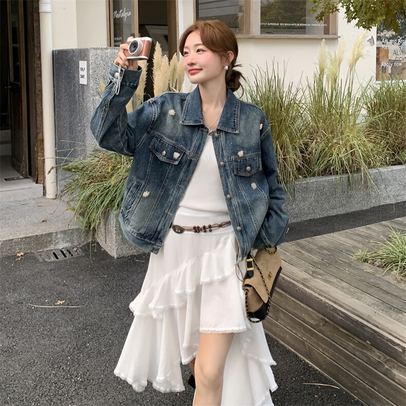 2025秋季新款韩版宽松水洗复古破洞中长款牛仔外套上衣女街拍显瘦,女装短外套,2C253