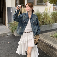 2025秋季新款韩版宽松水洗复古破洞中长款牛仔外套上衣女街拍显瘦，女装短外套，2C253