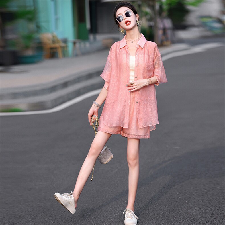 夏日焕新~轻薄天丝防晒衣套装女2025夏防晒衬衫休闲短裤两件套装,女装套装/套裙,歌伊格美