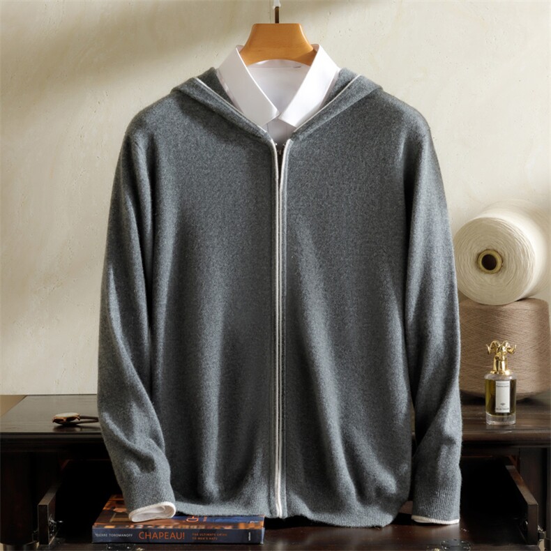 2024秋冬新款羊绒男士连帽拉链羊绒开衫男装，男装羊绒开衫，英皇羊绒