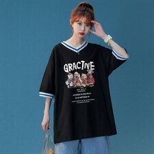中性春夏新款宽松复古卡通印花撞色螺纹短袖T恤女T6878P40控58，男装T恤，电商A268